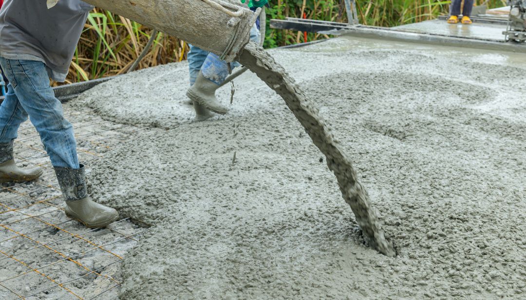 Trabajadores vertiendo concreto en obra de construcción